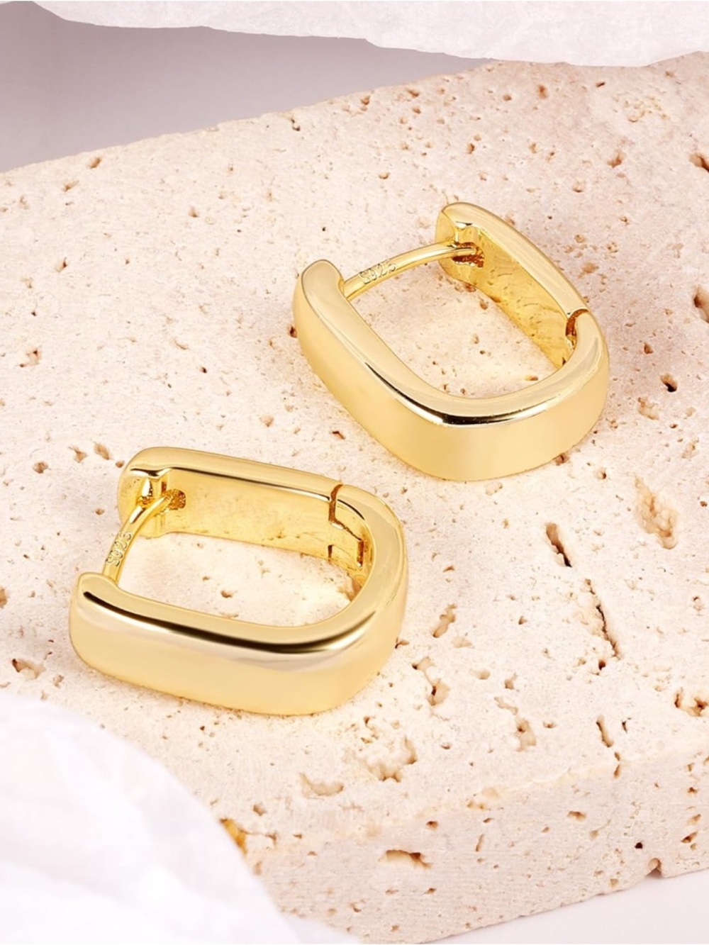 14K Gold Plated Rectangular Huggie Hoop Earrings